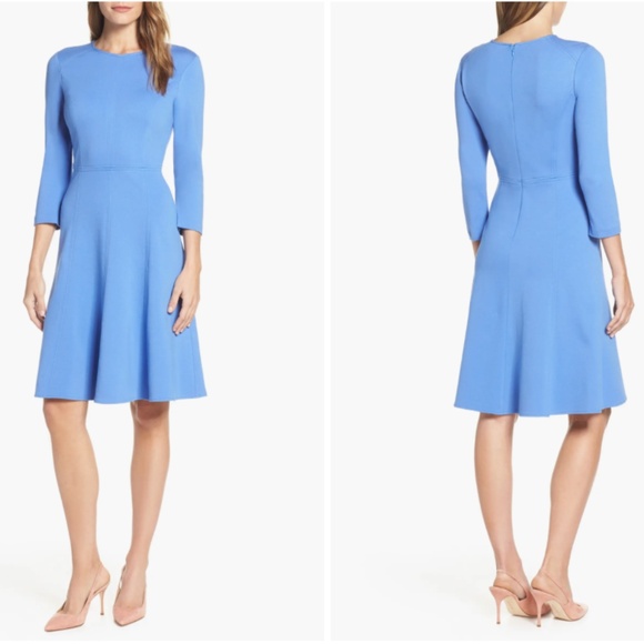 Eliza J Dresses & Skirts - Eliza J Women's Blue Stretch 3/4 Sleeve Seamed Fit & Flare Dress Size 8